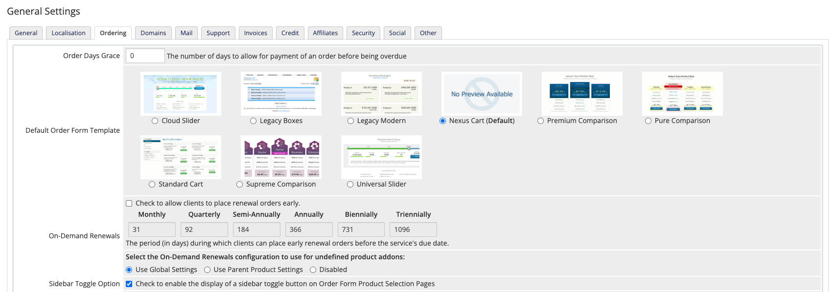 The Ordering tab in General Settings