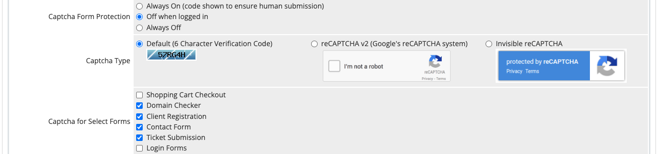 Selecting forms to use Captchas