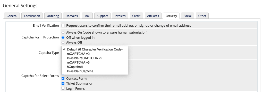 Selecting a Captcha Type in WHMCS.