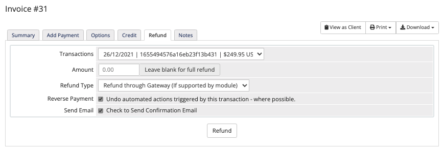 The Refund tab for an invoice