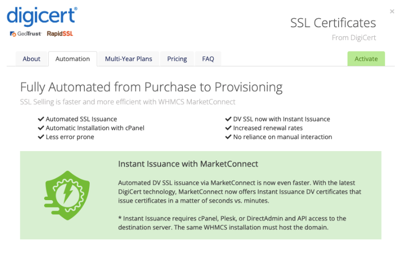 Instant Issuance in DigiCert Information in MarketConnect