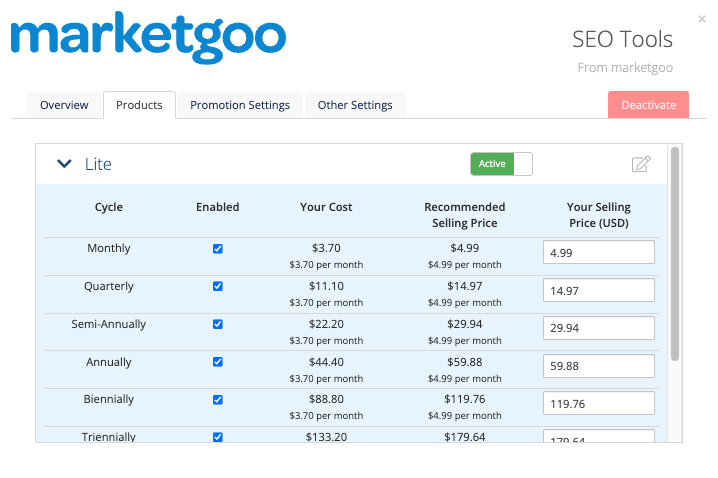 Managing Products for marketgoo in MarketConnect.