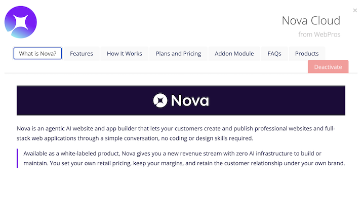 The Nova Cloud service provider's About tab in MarketConnect