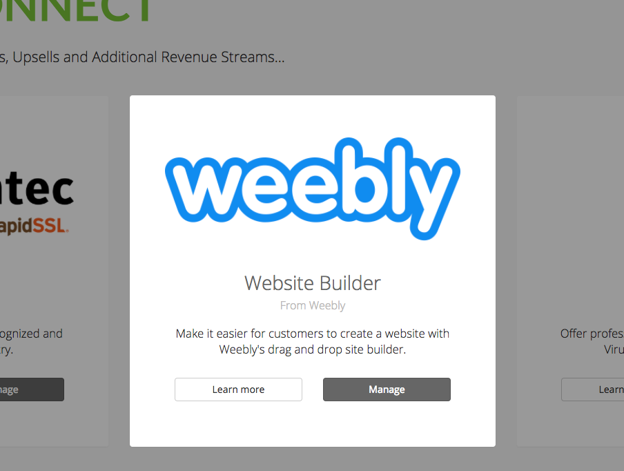 The Manage option for Weebly in MarketConnect