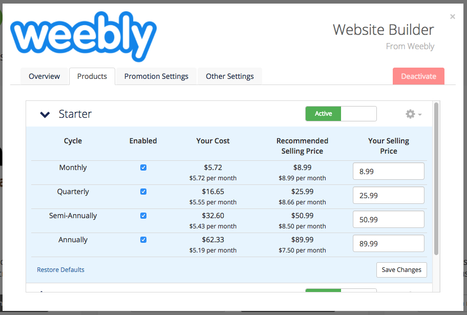 The Products tab for Weebly in MarketConnect
