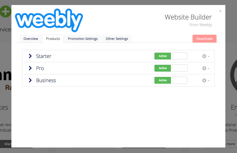 The Products tab for Weebly in MarketConnect