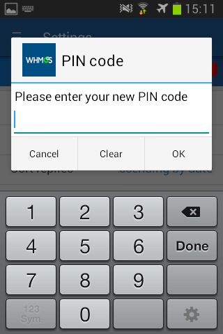 The PIN code screen on the aWHMCS mobile app
