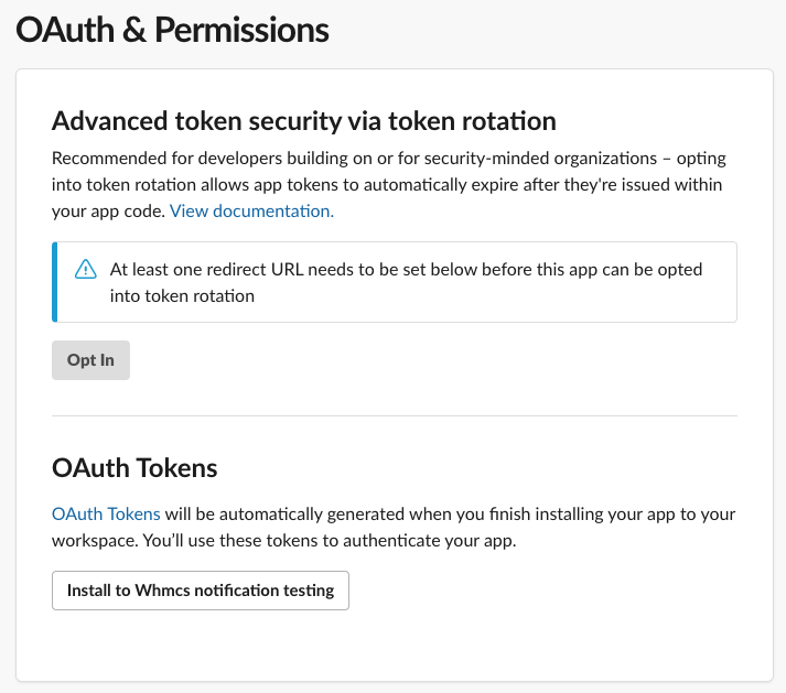 Adding permissions for a Slack app.