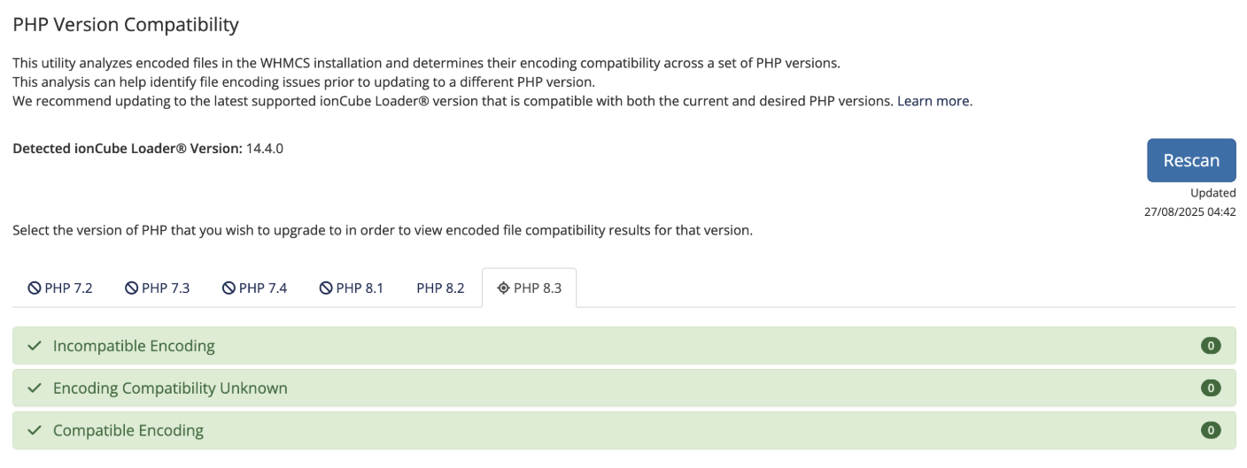 The PHP 8.3 tab in PHP Version Compatibility.