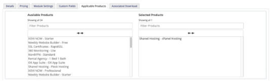 The Applicable Products tab for a product addon