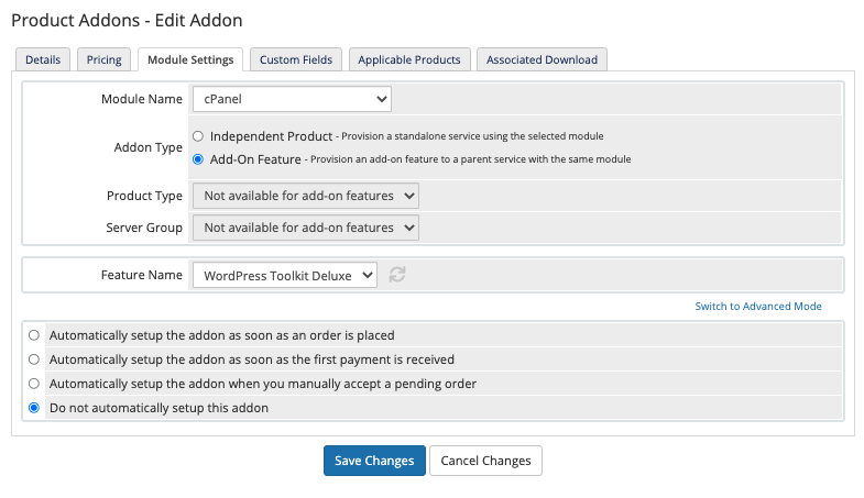 Configuring a product addon for WP Toolkit