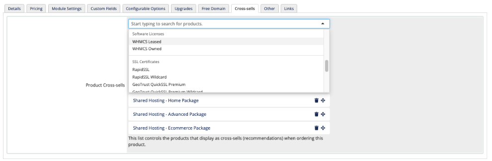 The Cross-sells tab in Products/Services