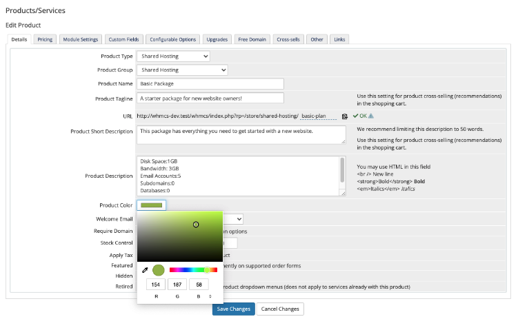 The Details tab in Products/Services