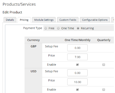 Currencies in the Pricing tab for a product