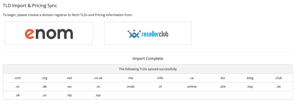 A successful import in Registrar TLD Sync