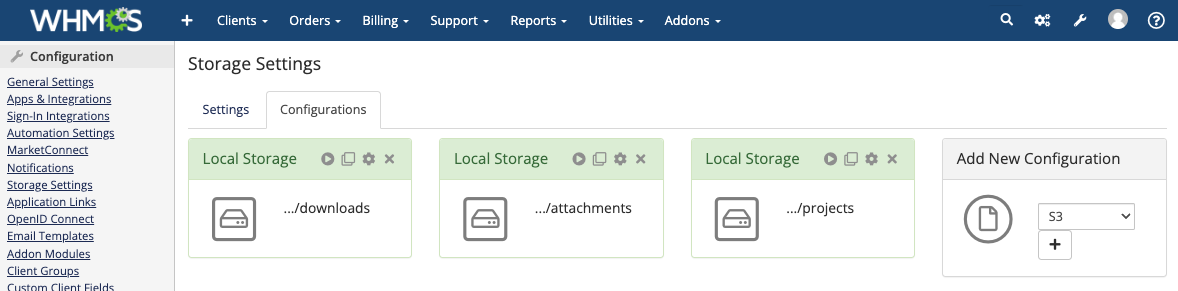 The Configurations tab in Storage Settings