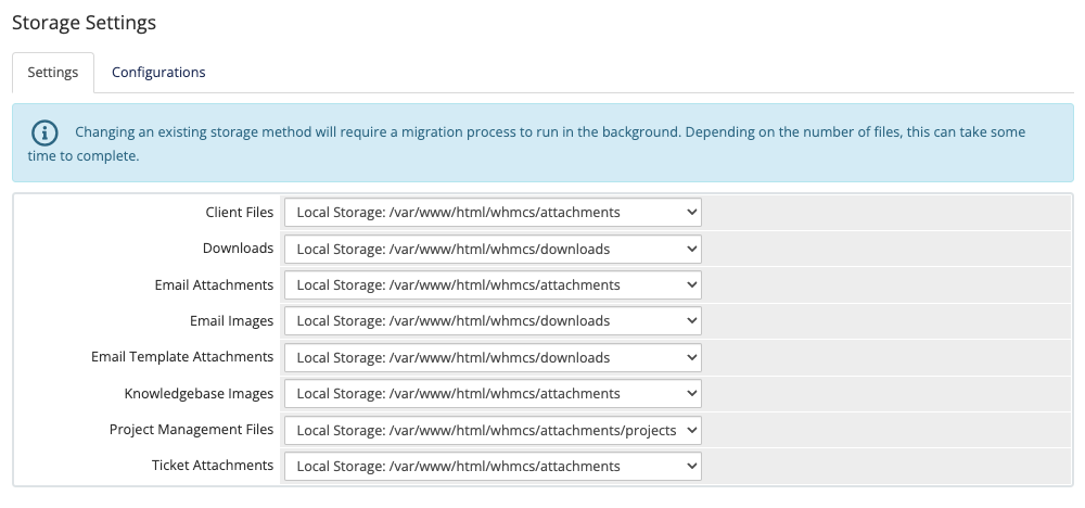 The Settings tab in Storage Settings