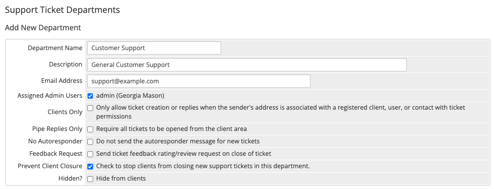 Adding a support department in the Admin Area.