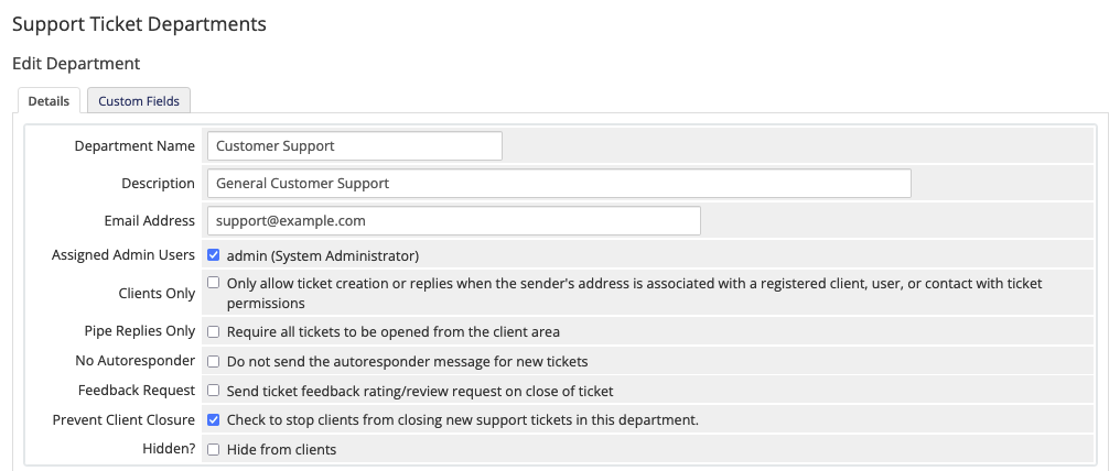 The Prevent Client Closure option for a support department.