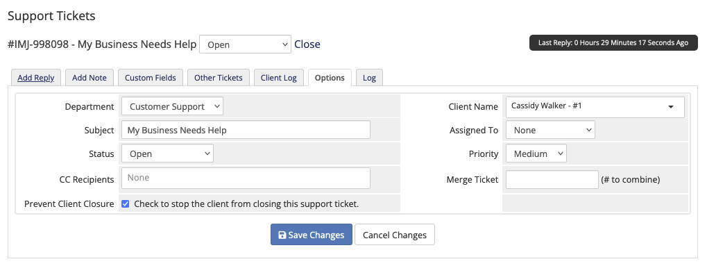 The Options tab for an individual support ticket in the Admin Area.