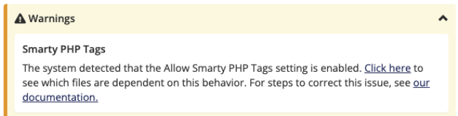 A warning for Legacy Smarty Tags in System Health