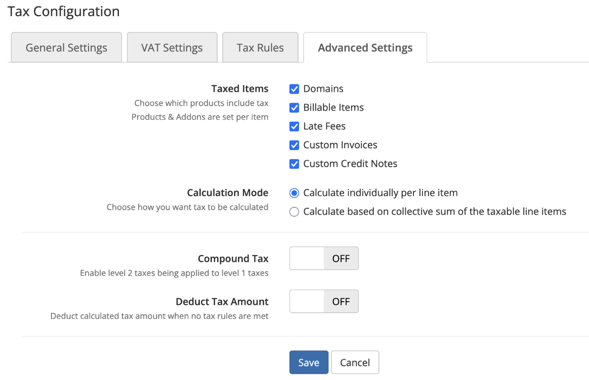 The Advanced Settings tab in Tax Configuration
