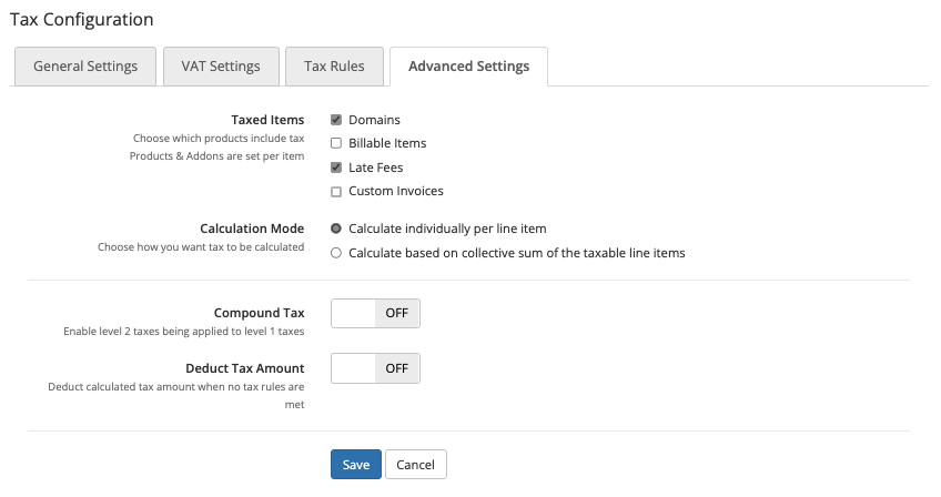 The Advanced Settings tab in Tax Configuration