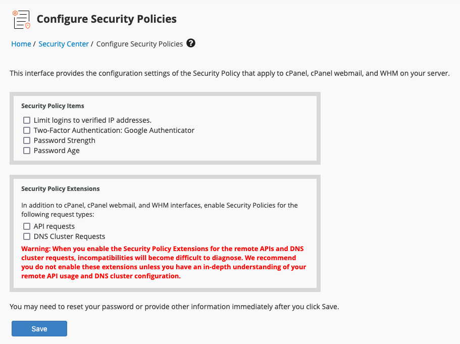 The Configure Security Policies interface in WHM.