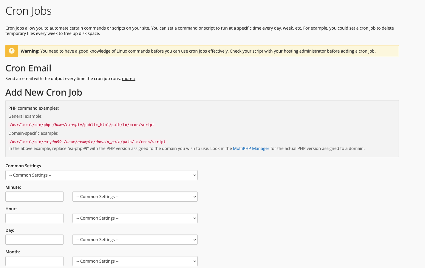 The Cron Jobs interface in cPanel.