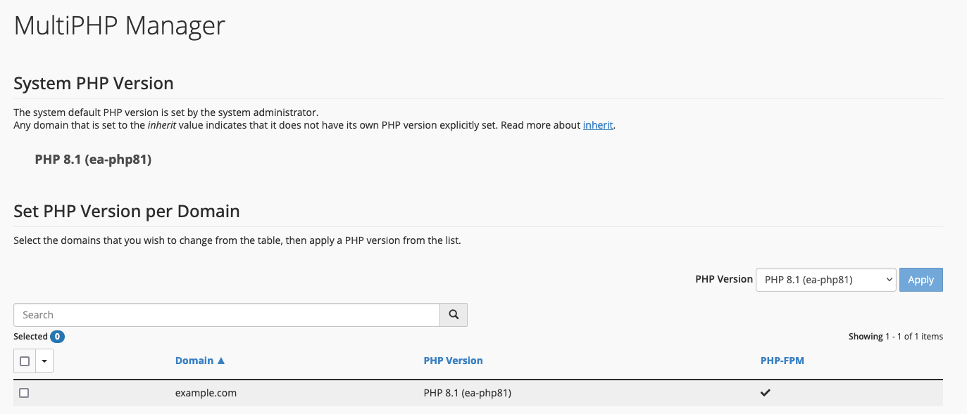 The MultiPHP Manager interface in cPanel.