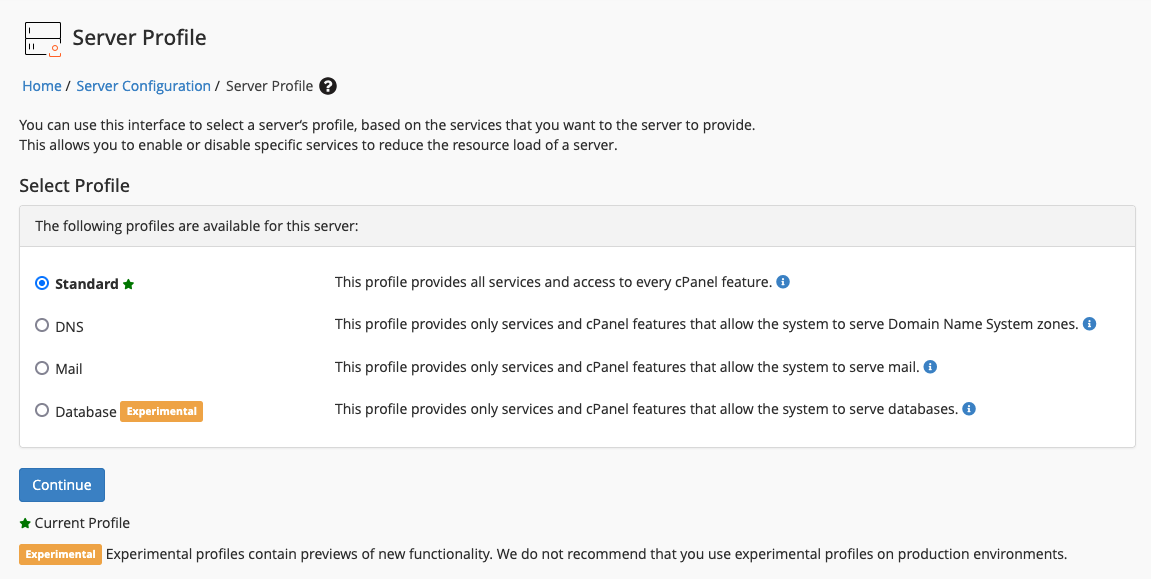 The Server Profile interface in WHM.