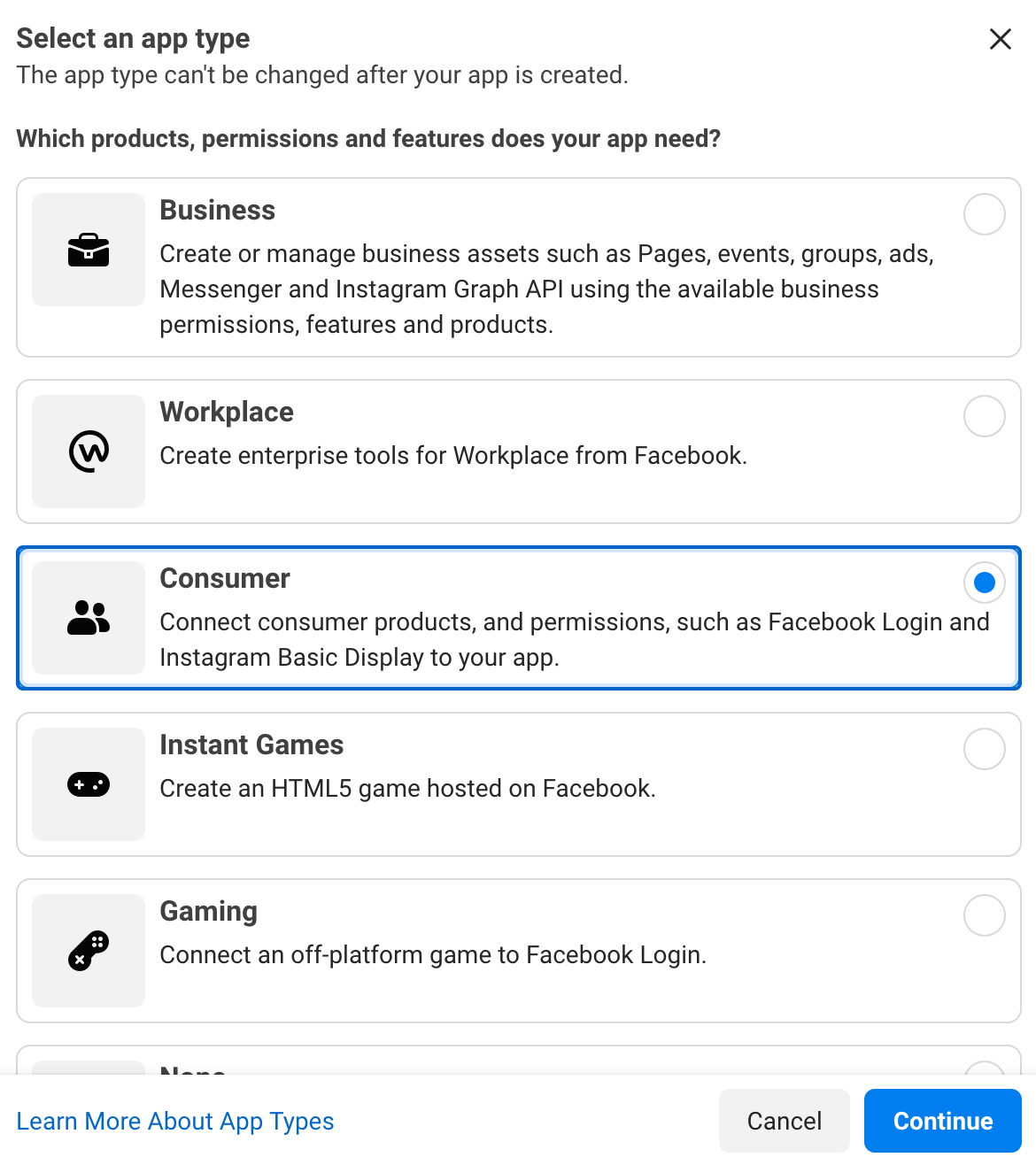 Selecting a Facebook app type