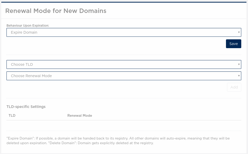 Renewal Mode for New Domains in the HEXONET control panel
