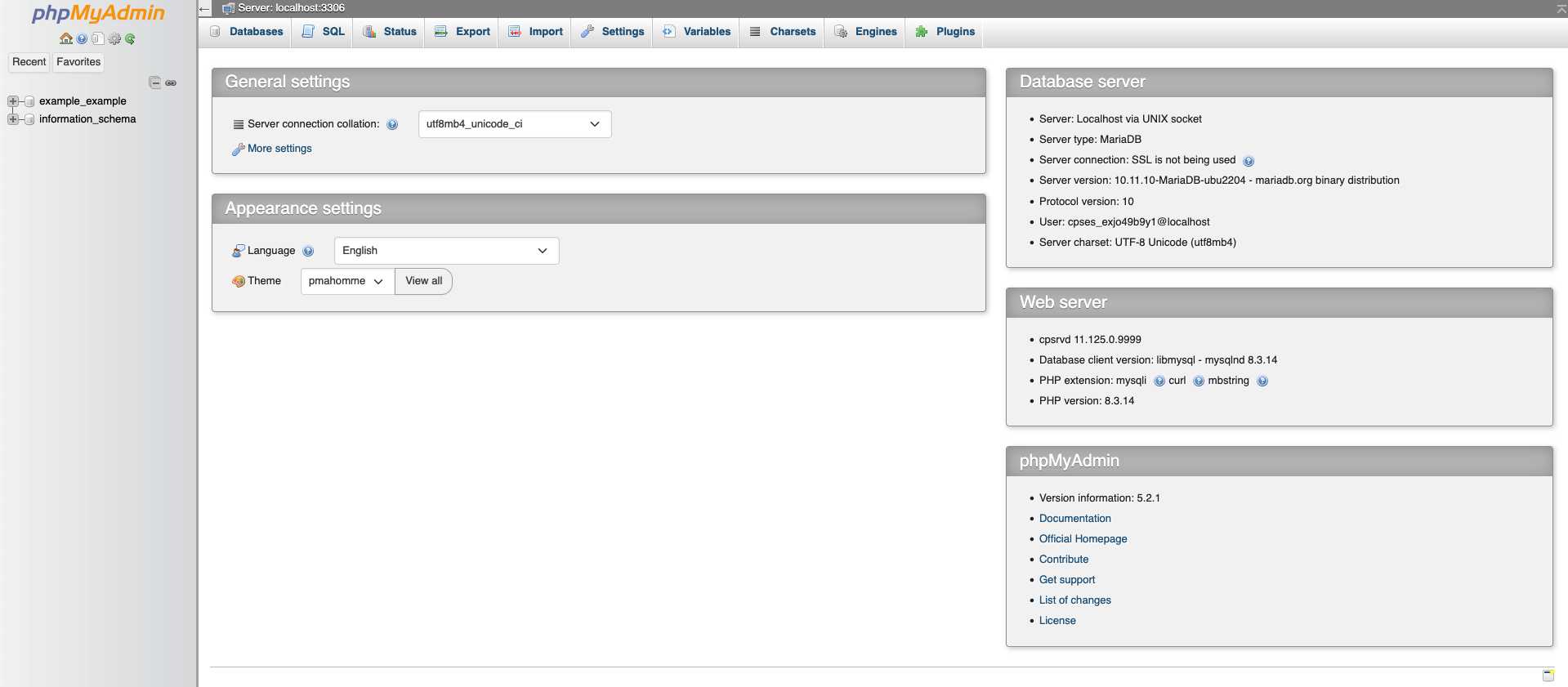 The phpMyAdmin interface in cPanel.