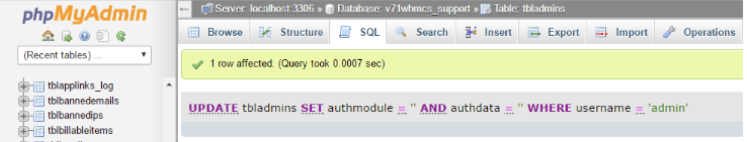 The success message after running a query in phpMyAdmin