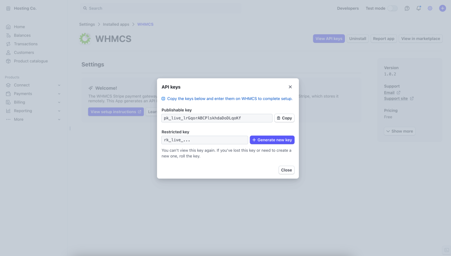 Generated API keys in the WHMCS app in the Stripe App Marketplace.