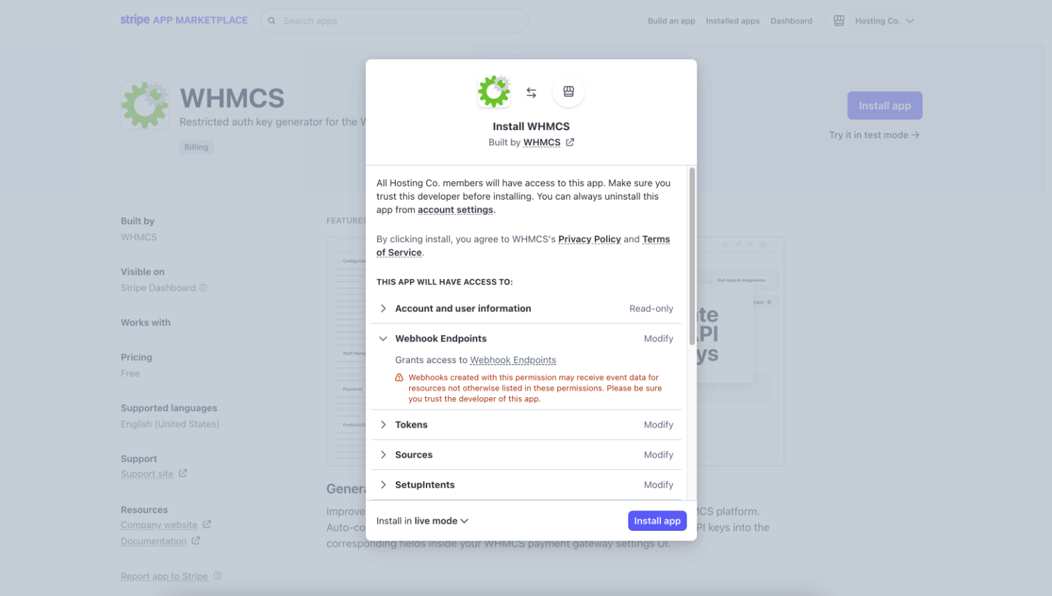 Installing the WHMCS app in the Stripe App Marketplace.