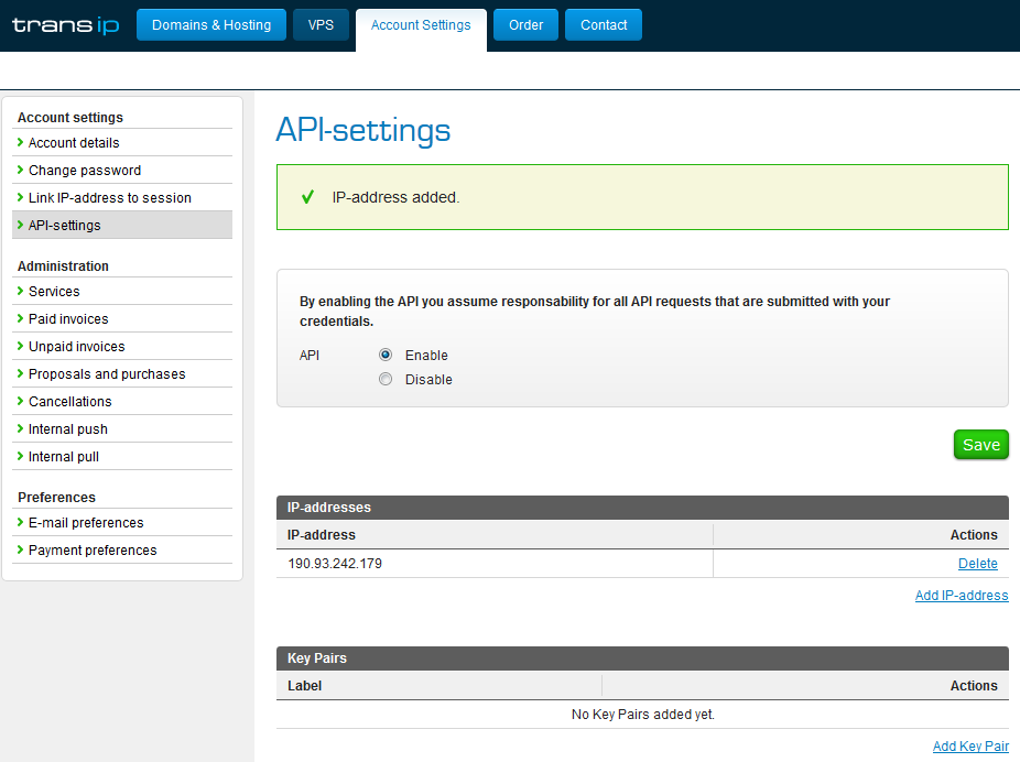 API Settings in TransIP