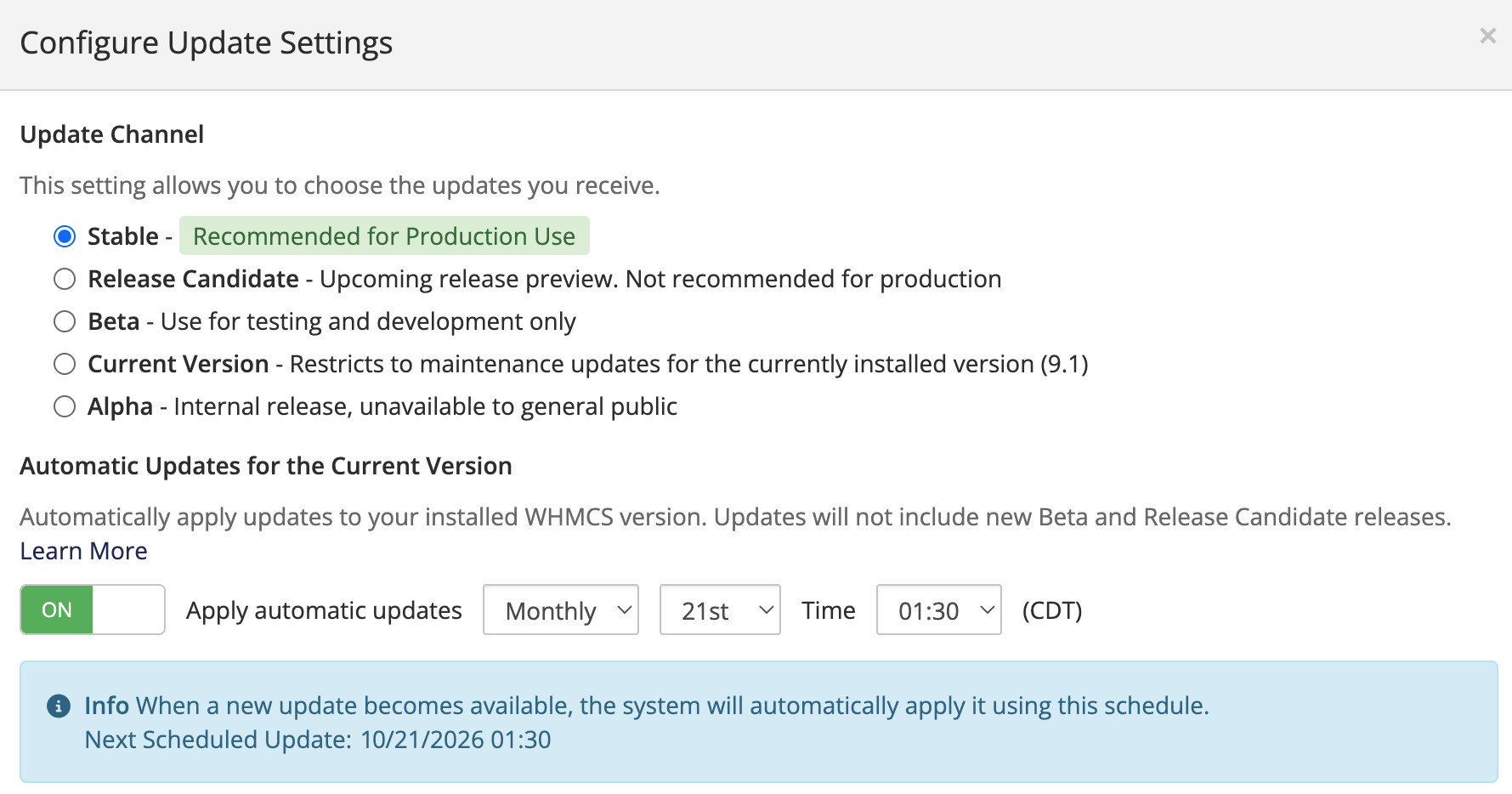 The Configure Update Settings dialog